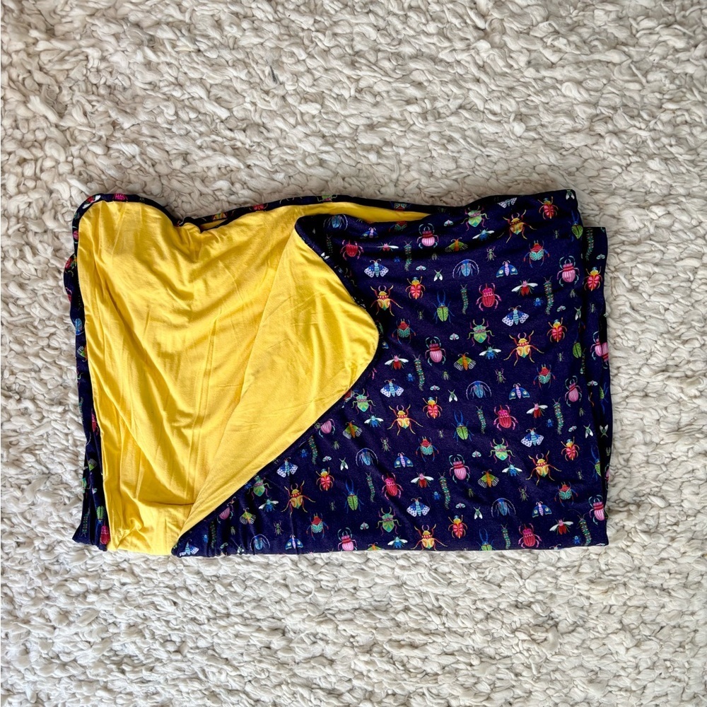 Bamboo Navy Insect Print Blanket with Yellow Lining